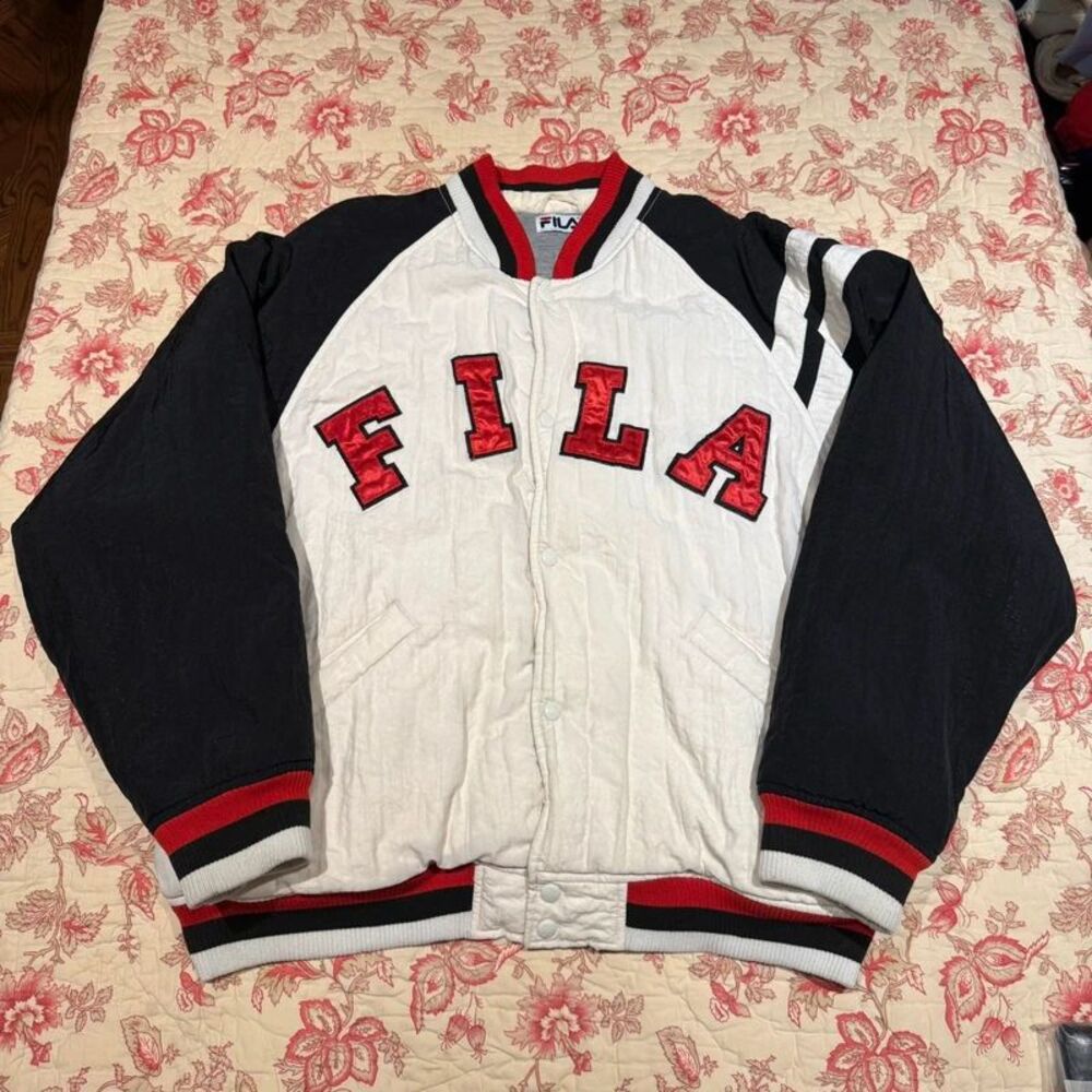 Beautiful Vintage 2000s Fila Bomber Black white and Red Puffer